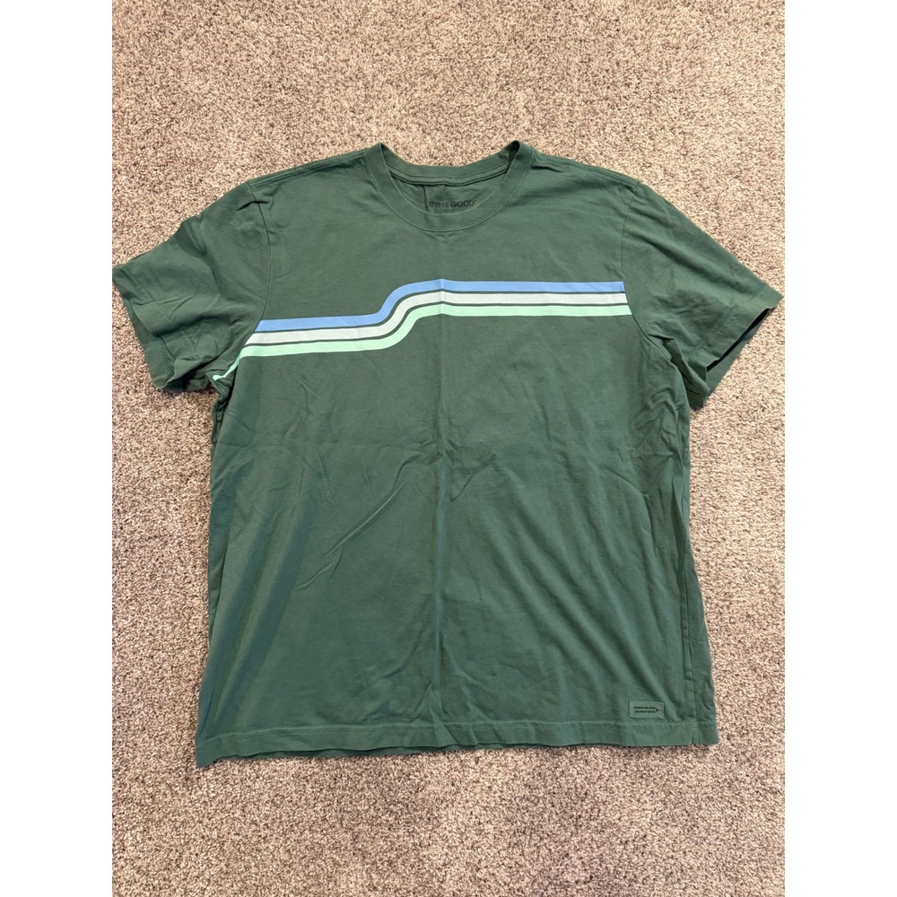 Life is Good T-Shirt Mens XXL Green Crusher Retro Stripe Mountain Graphic Tee